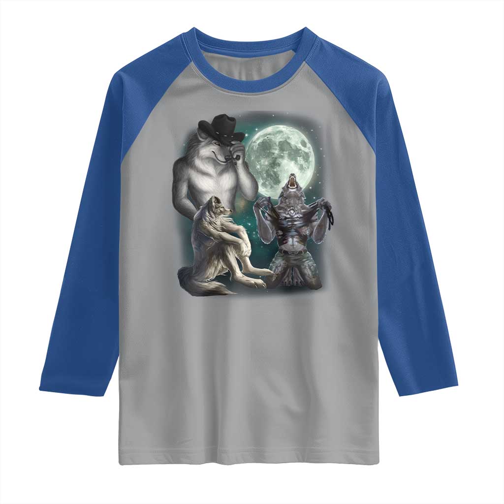 Funny Three Alpha Wolf Howling Moon Raglan Shirt Weird Cringe Werewolf Meme TS11 Sport Gray Royal Print Your Wear