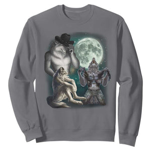 Funny Three Alpha Wolf Howling Moon Sweatshirt Weird Cringe Werewolf Meme TS11 Charcoal Print Your Wear