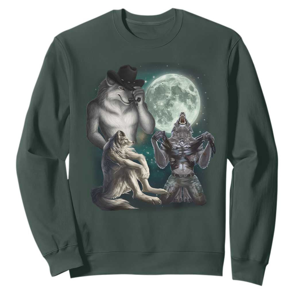 Funny Three Alpha Wolf Howling Moon Sweatshirt Weird Cringe Werewolf Meme TS11 Dark Forest Green Print Your Wear