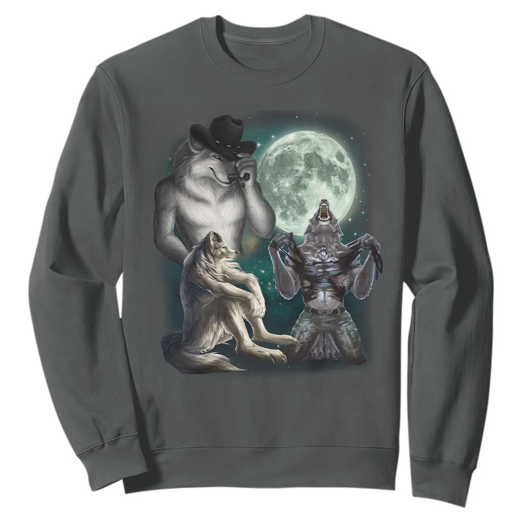 Funny Three Alpha Wolf Howling Moon Sweatshirt Weird Cringe Werewolf Meme TS11 Dark Heather Print Your Wear