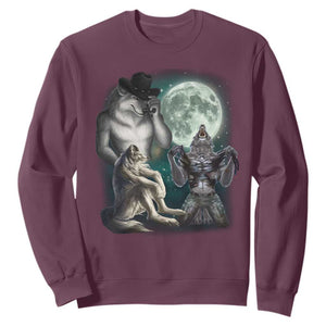 Funny Three Alpha Wolf Howling Moon Sweatshirt Weird Cringe Werewolf Meme TS11 Maroon Print Your Wear