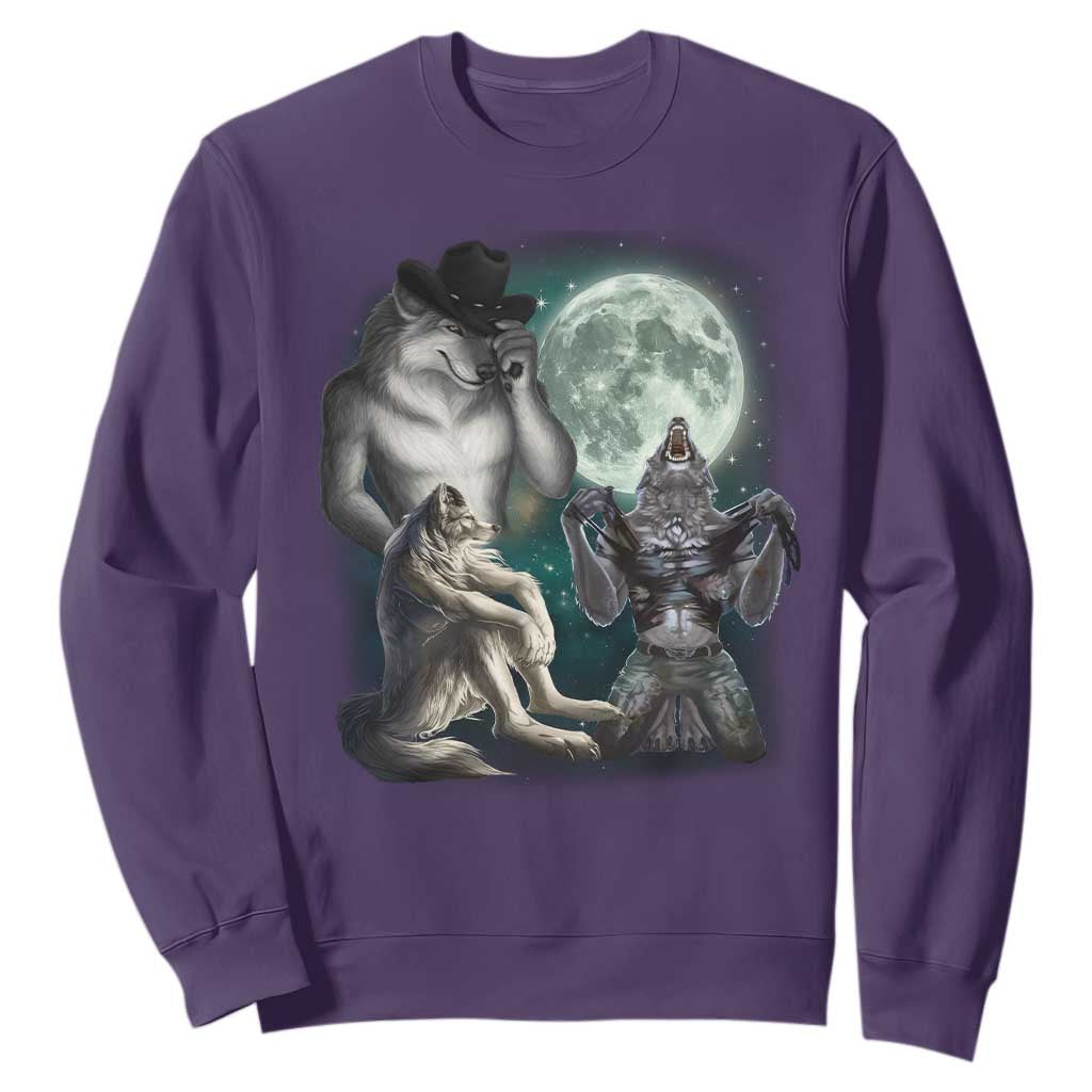 Funny Three Alpha Wolf Howling Moon Sweatshirt Weird Cringe Werewolf Meme TS11 Purple Print Your Wear