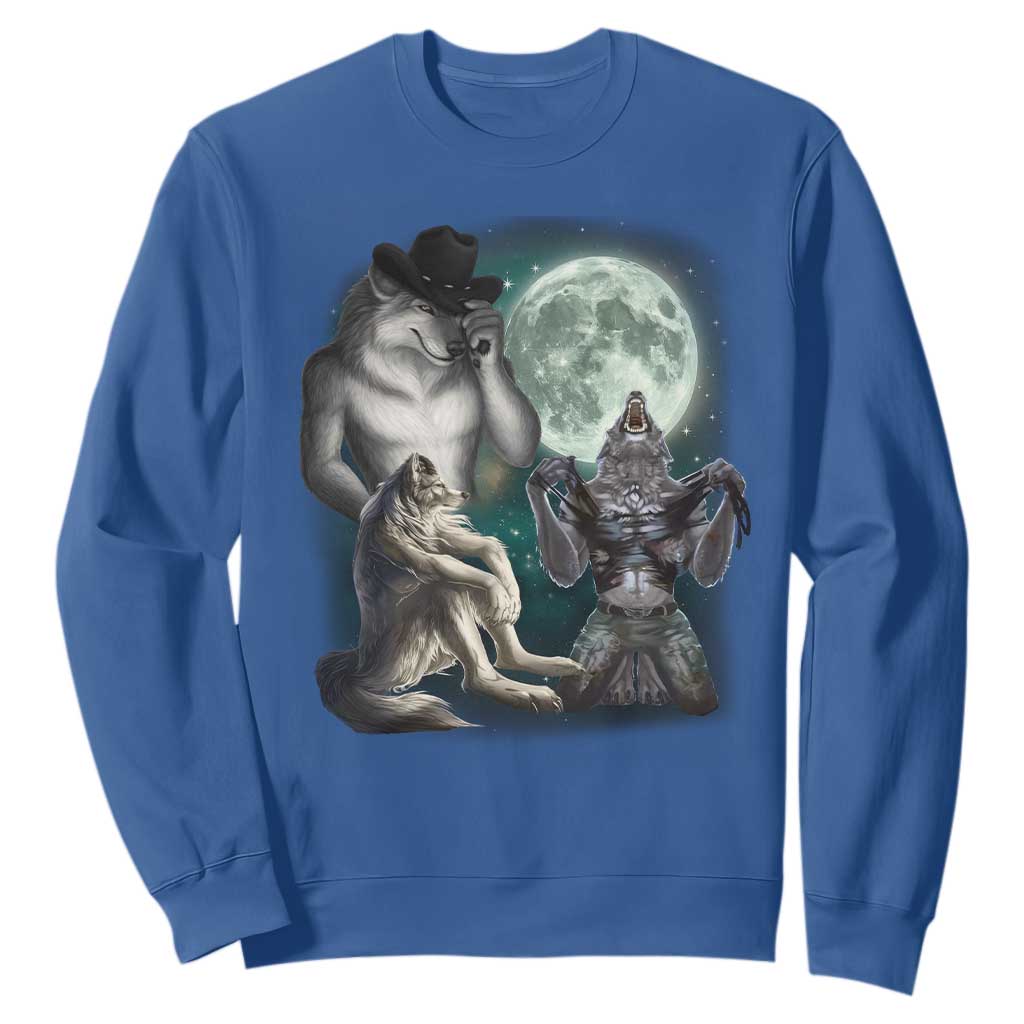 Funny Three Alpha Wolf Howling Moon Sweatshirt Weird Cringe Werewolf Meme TS11 Royal Blue Print Your Wear