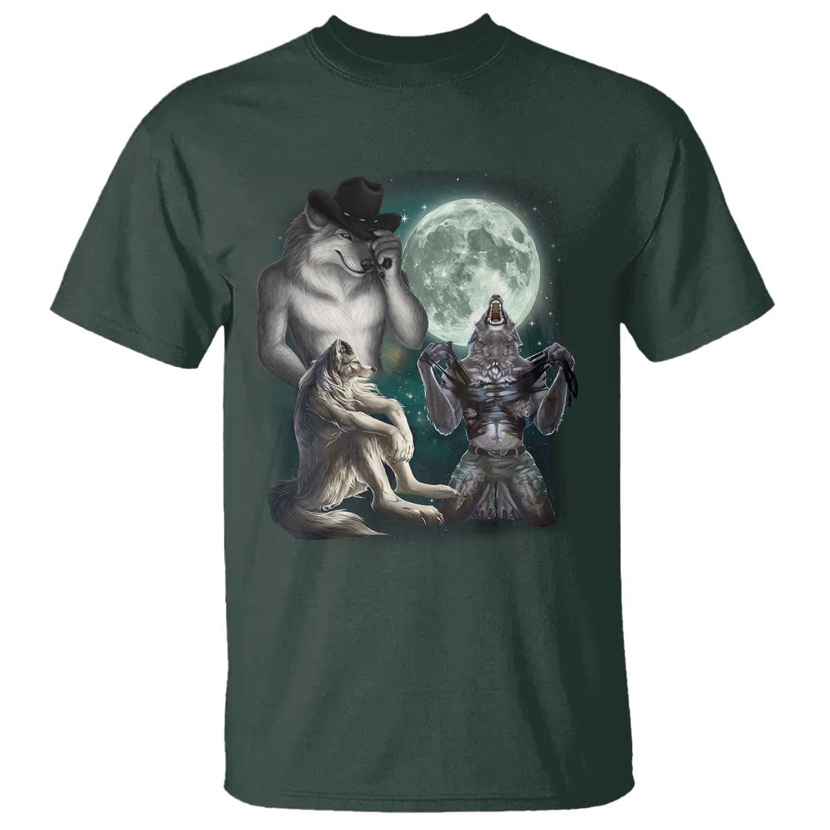 Funny Three Alpha Wolf Howling Moon T Shirt Weird Cringe Werewolf Meme TS11 Dark Forest Green Print Your Wear
