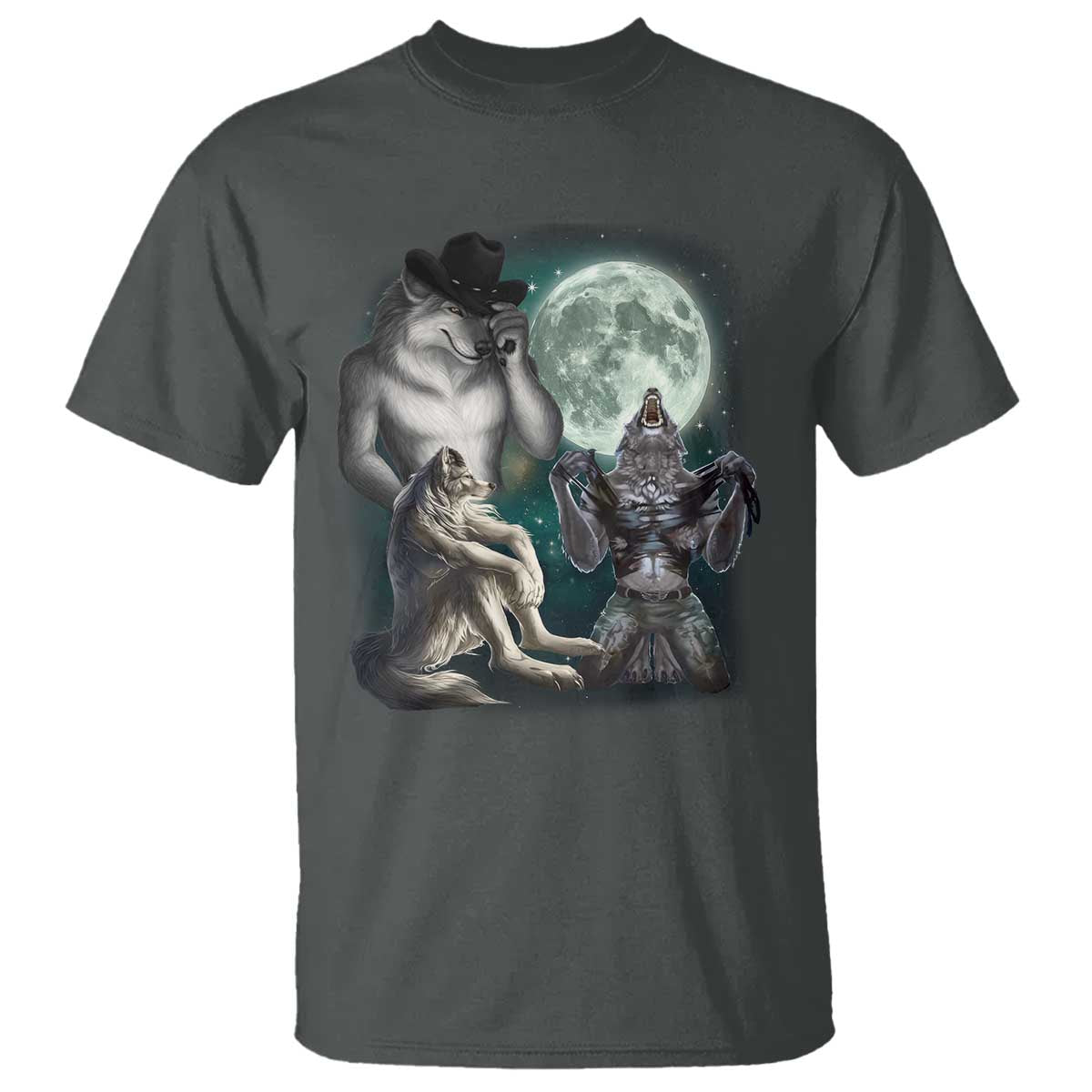 Funny Three Alpha Wolf Howling Moon T Shirt Weird Cringe Werewolf Meme TS11 Dark Heather Print Your Wear