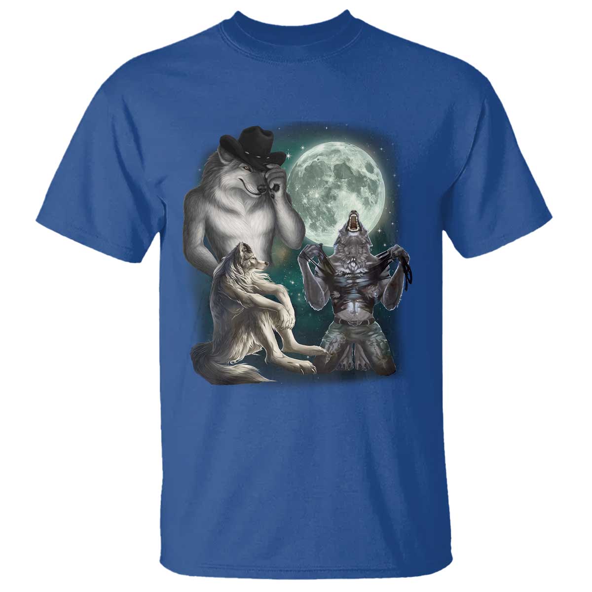 Funny Three Alpha Wolf Howling Moon T Shirt Weird Cringe Werewolf Meme TS11 Royal Blue Print Your Wear