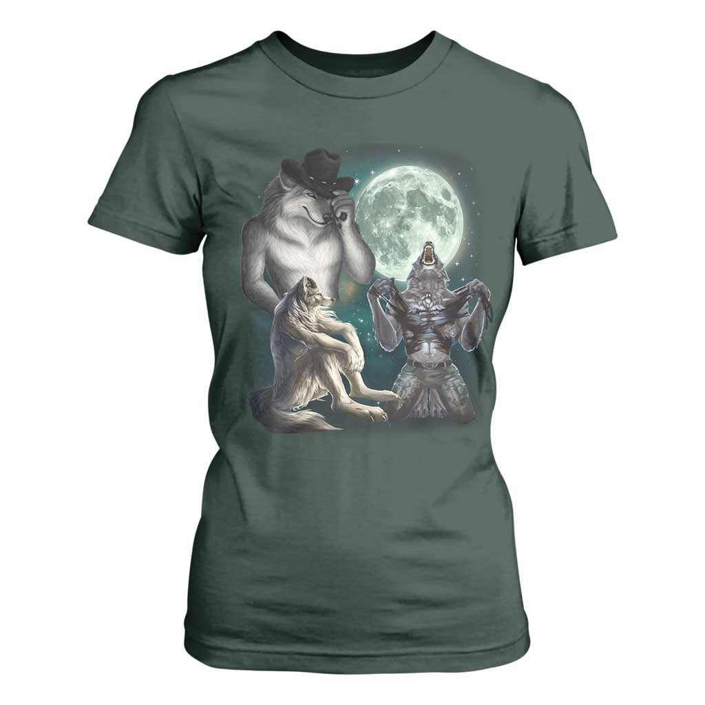 Funny Three Alpha Wolf Howling Moon T Shirt For Women Weird Cringe Werewolf Meme TS11 Dark Forest Green Print Your Wear