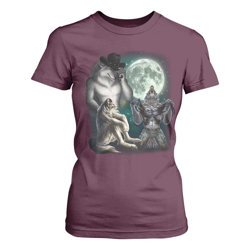 Funny Three Alpha Wolf Howling Moon T Shirt For Women Weird Cringe Werewolf Meme TS11 Maroon Print Your Wear