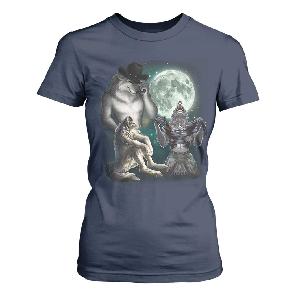 Funny Three Alpha Wolf Howling Moon T Shirt For Women Weird Cringe Werewolf Meme TS11 Navy Print Your Wear