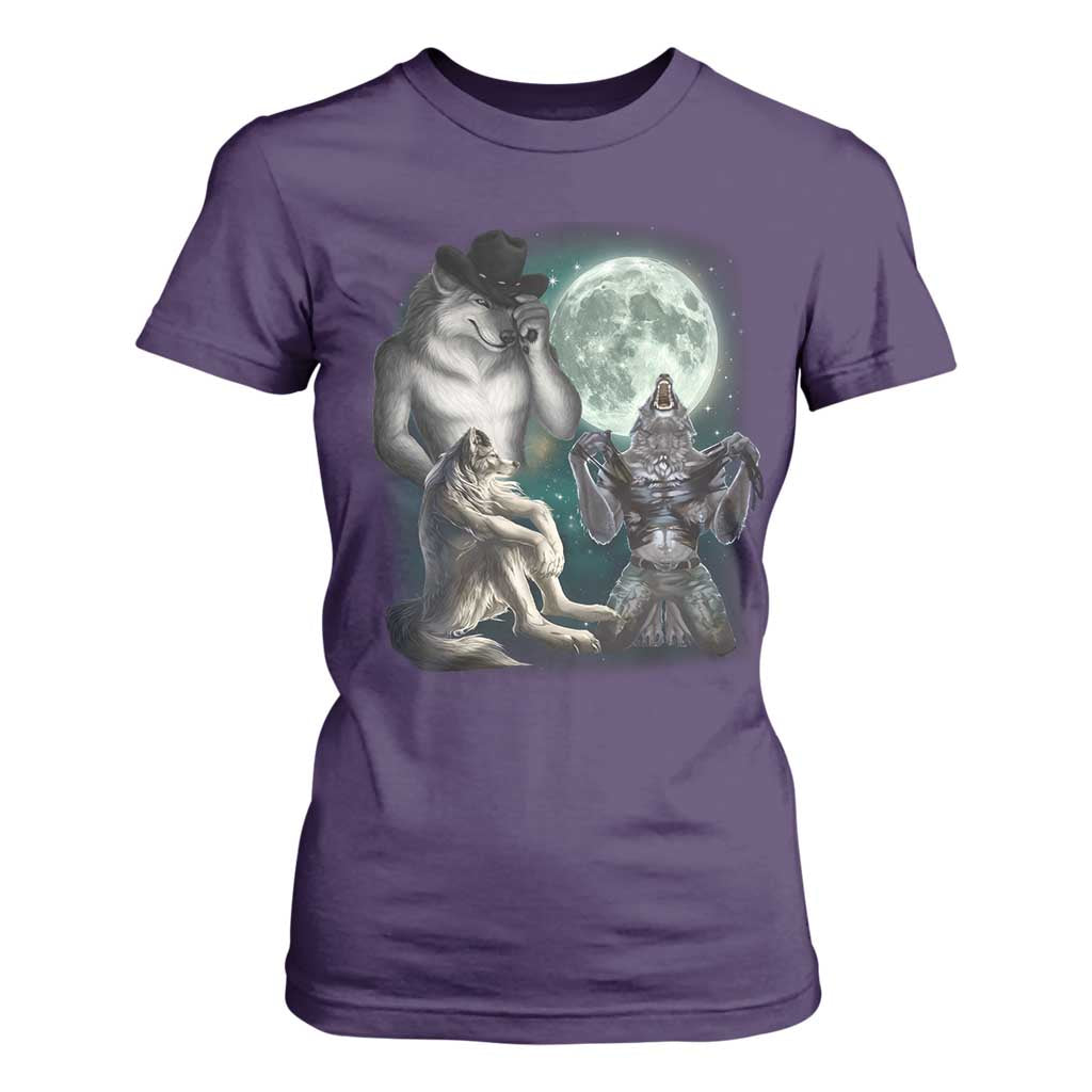 Funny Three Alpha Wolf Howling Moon T Shirt For Women Weird Cringe Werewolf Meme TS11 Purple Print Your Wear