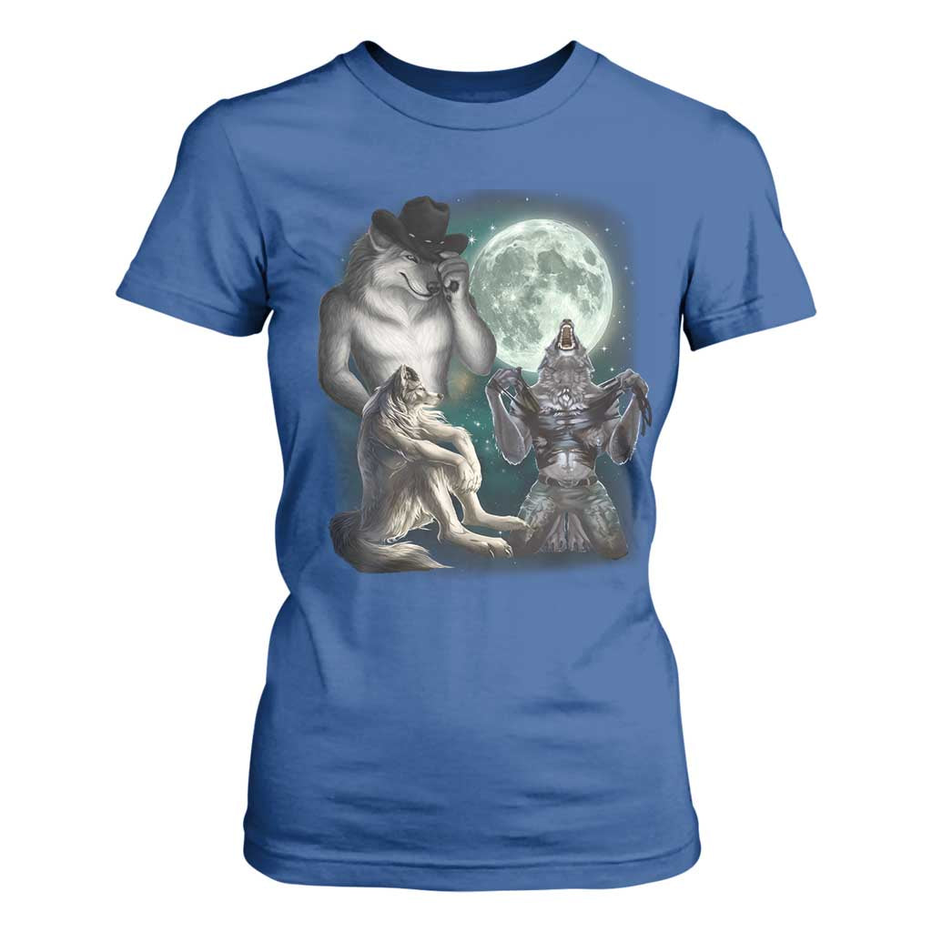 Funny Three Alpha Wolf Howling Moon T Shirt For Women Weird Cringe Werewolf Meme TS11 Royal Blue Print Your Wear