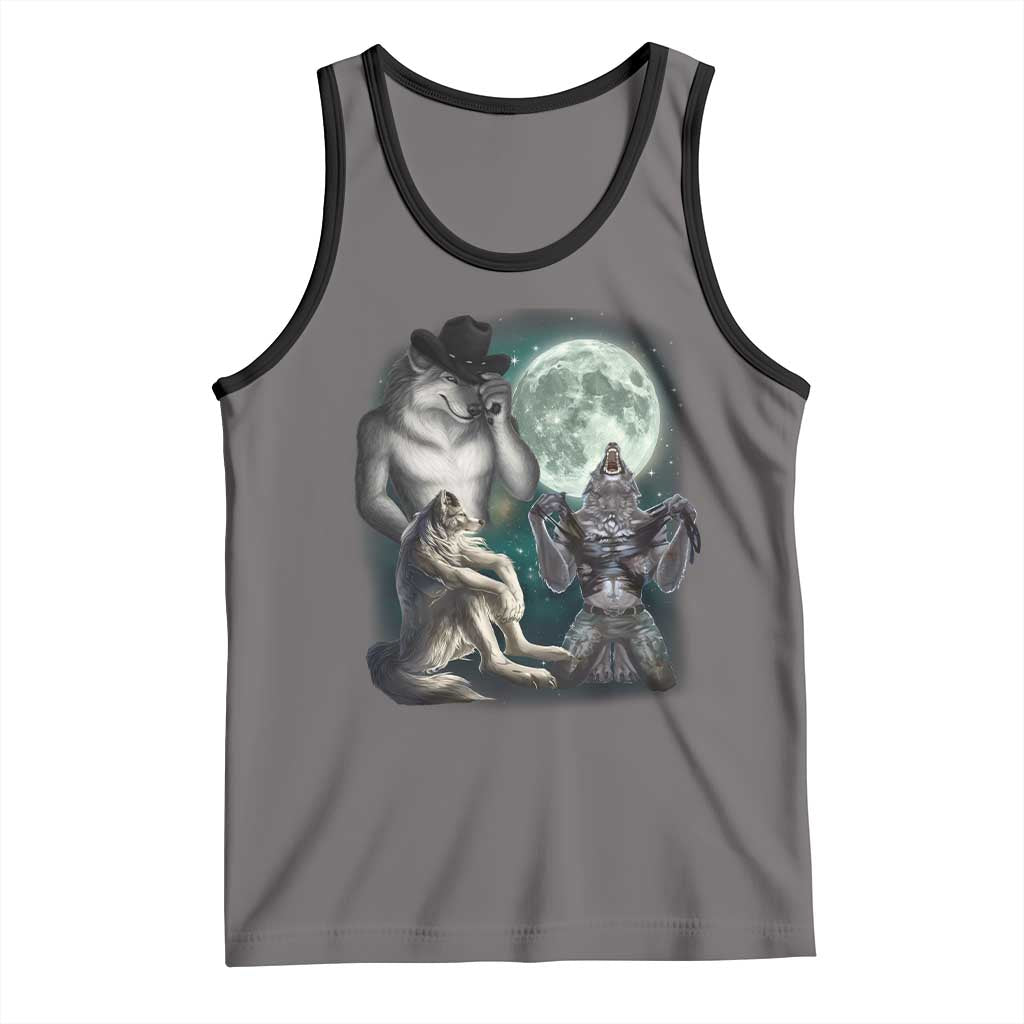 Funny Three Alpha Wolf Howling Moon Tank Top Weird Cringe Werewolf Meme TS11 Deep Heather Black Print Your Wear