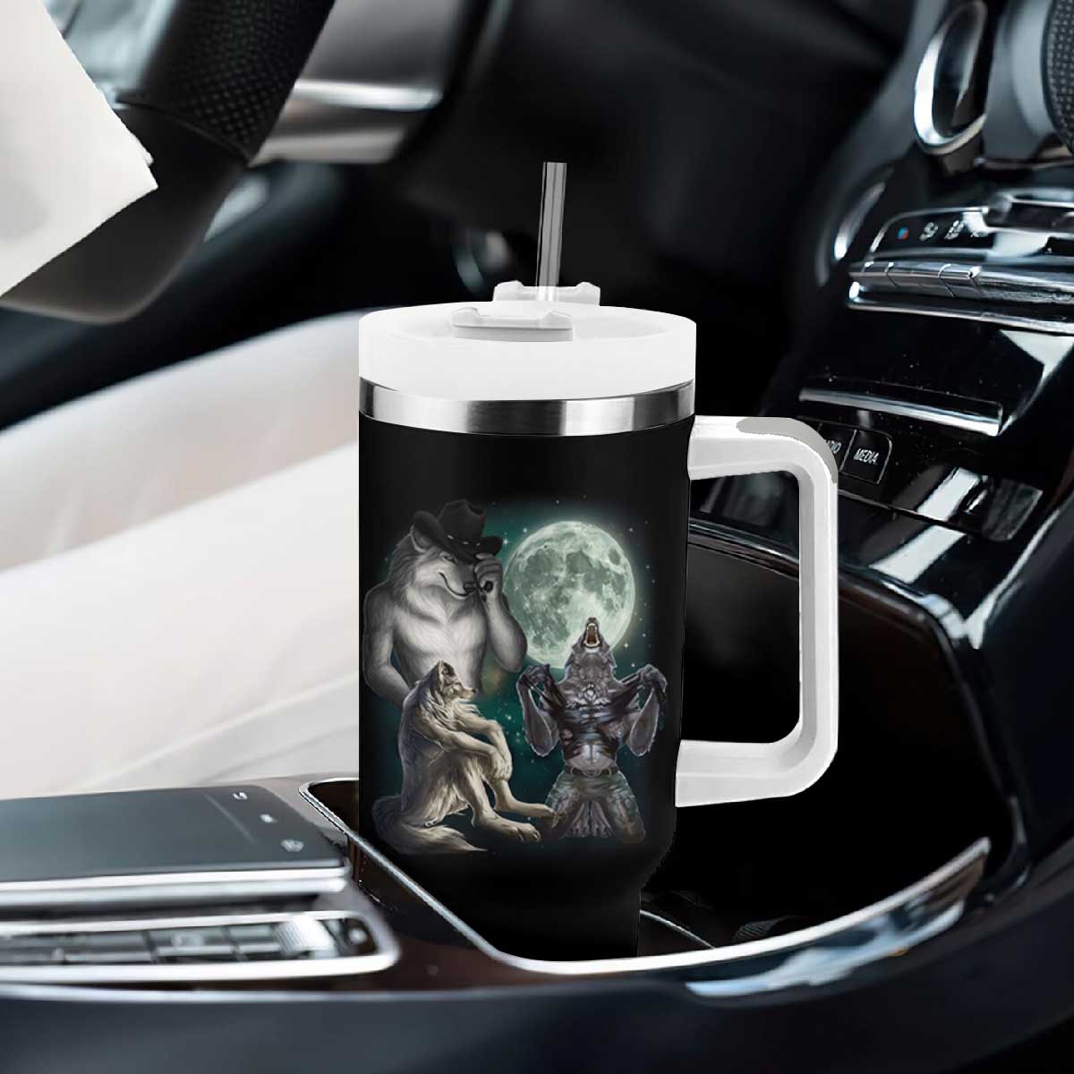 Funny Three Alpha Wolf Howling Moon Tumbler With Handle Weird Cringe Werewolf Meme TS11 Print Your Wear