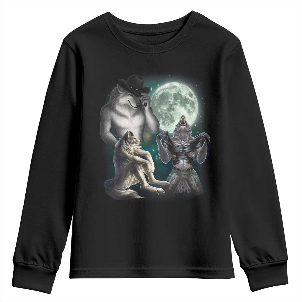 Funny Three Alpha Wolf Howling Moon Youth Sweatshirt Weird Cringe Werewolf Meme TS11 Black Print Your Wear