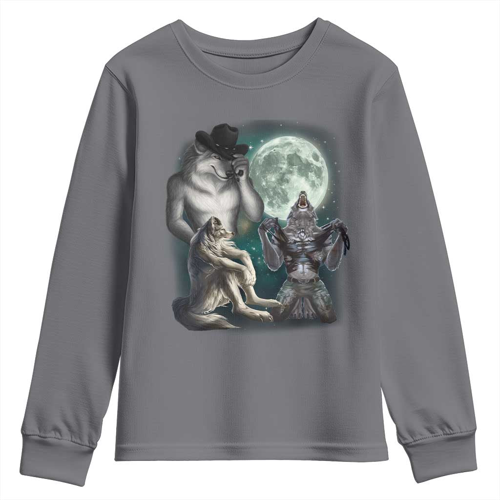 Funny Three Alpha Wolf Howling Moon Youth Sweatshirt Weird Cringe Werewolf Meme TS11 Charcoal Print Your Wear