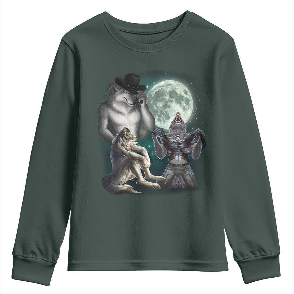 Funny Three Alpha Wolf Howling Moon Youth Sweatshirt Weird Cringe Werewolf Meme TS11 Dark Forest Green Print Your Wear