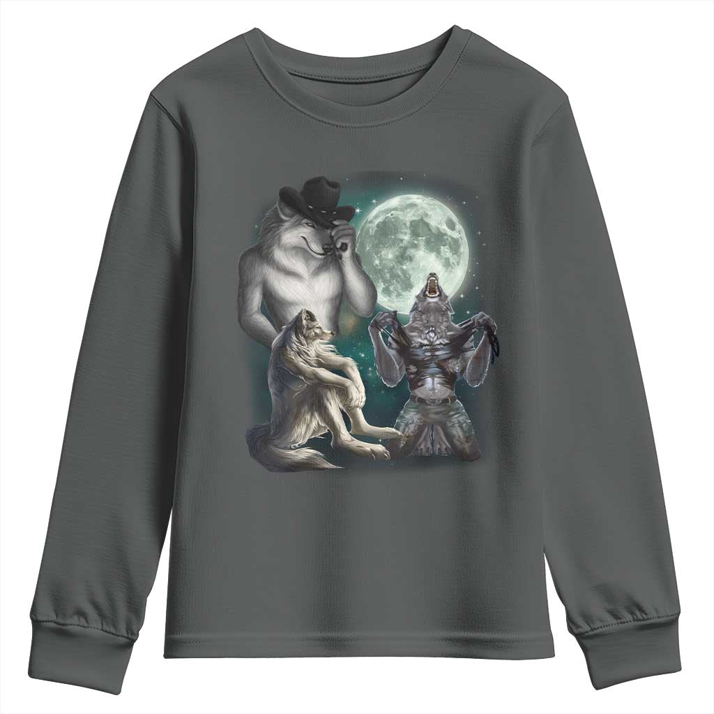 Funny Three Alpha Wolf Howling Moon Youth Sweatshirt Weird Cringe Werewolf Meme TS11 Dark Heather Print Your Wear