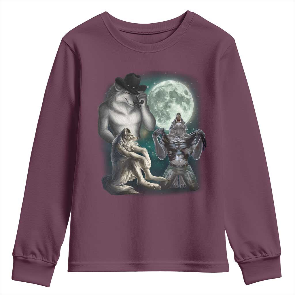 Funny Three Alpha Wolf Howling Moon Youth Sweatshirt Weird Cringe Werewolf Meme TS11 Maroon Print Your Wear