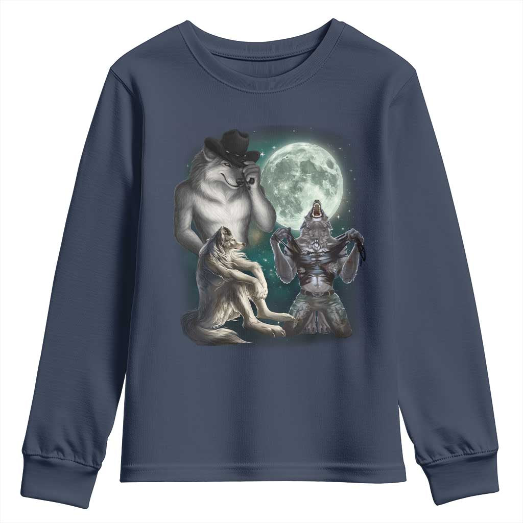 Funny Three Alpha Wolf Howling Moon Youth Sweatshirt Weird Cringe Werewolf Meme TS11 Navy Print Your Wear