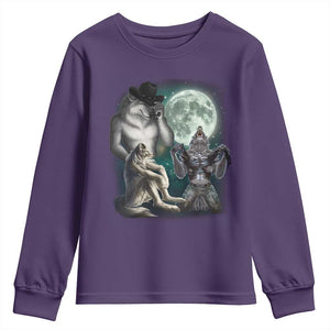 Funny Three Alpha Wolf Howling Moon Youth Sweatshirt Weird Cringe Werewolf Meme TS11 Purple Print Your Wear
