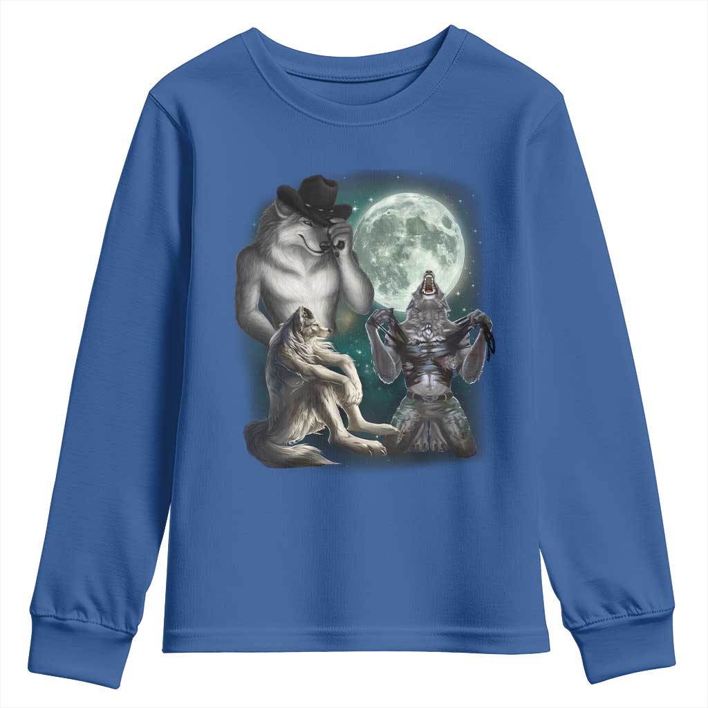 Funny Three Alpha Wolf Howling Moon Youth Sweatshirt Weird Cringe Werewolf Meme TS11 Royal Blue Print Your Wear