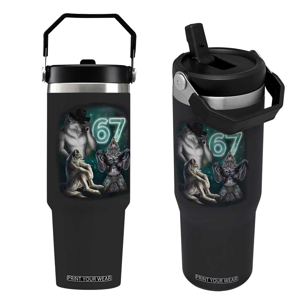 Funny 67 Alpha Wolf Flip Straw Tumbler Cringe Werewolf Howling Six Seven Meme TS11 One Size: 30 oz Black Print Your Wear