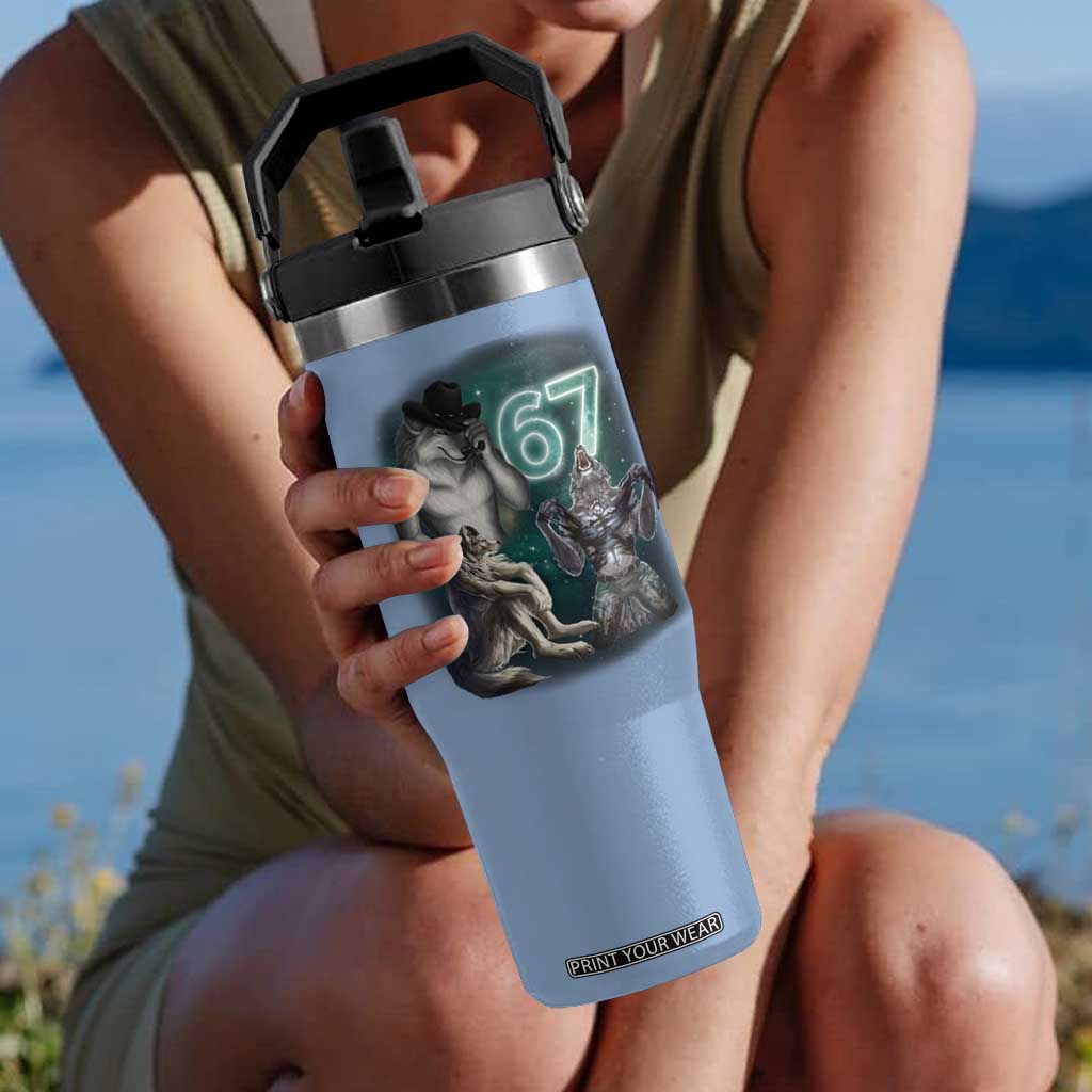 Funny 67 Alpha Wolf Flip Straw Tumbler Cringe Werewolf Howling Six Seven Meme TS11 One Size: 30 oz Light Blue Print Your Wear