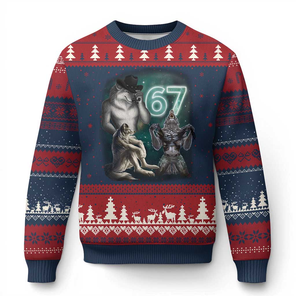 Funny 67 Alpha Wolf Ugly Christmas Sweater Cringe Werewolf Howling Six Seven Meme TS11 Navy Red Print Your Wear