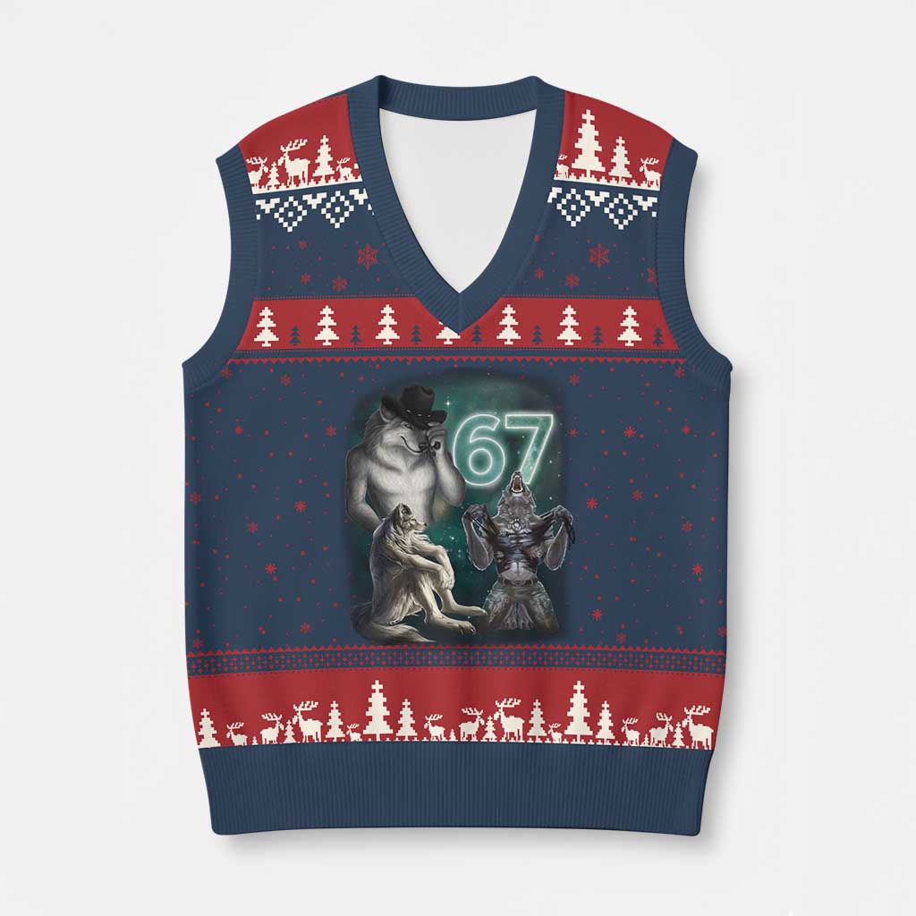 Funny 67 Alpha Wolf V-Neck Knit Sweater Vest Cringe Werewolf Howling Six Seven Meme TS11 Navy Red Print Your Wear