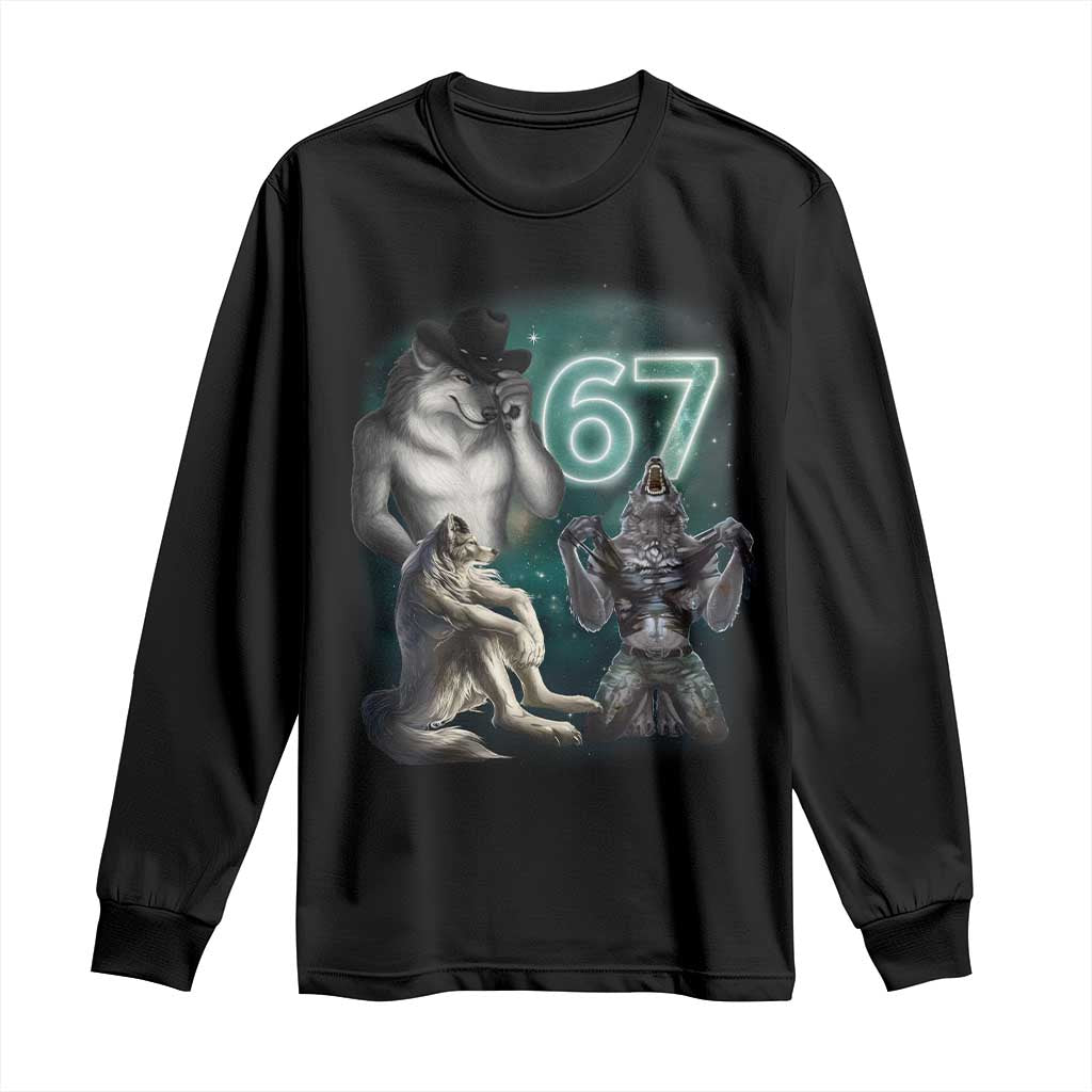 Funny 67 Alpha Wolf Long Sleeve Shirt Cringe Werewolf Howling Six Seven Meme TS11 Black Print Your Wear