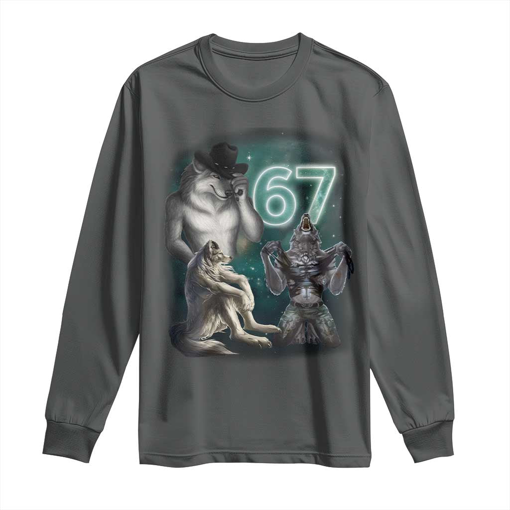 Funny 67 Alpha Wolf Long Sleeve Shirt Cringe Werewolf Howling Six Seven Meme TS11 Dark Heather Print Your Wear