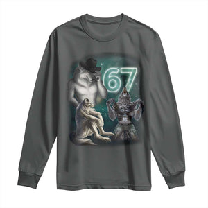Funny 67 Alpha Wolf Long Sleeve Shirt Cringe Werewolf Howling Six Seven Meme TS11 Dark Heather Print Your Wear
