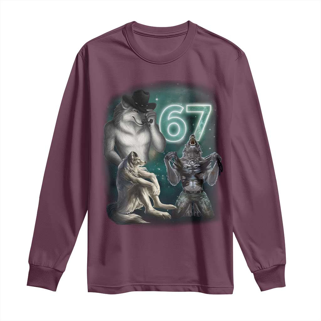 Funny 67 Alpha Wolf Long Sleeve Shirt Cringe Werewolf Howling Six Seven Meme TS11 Maroon Print Your Wear