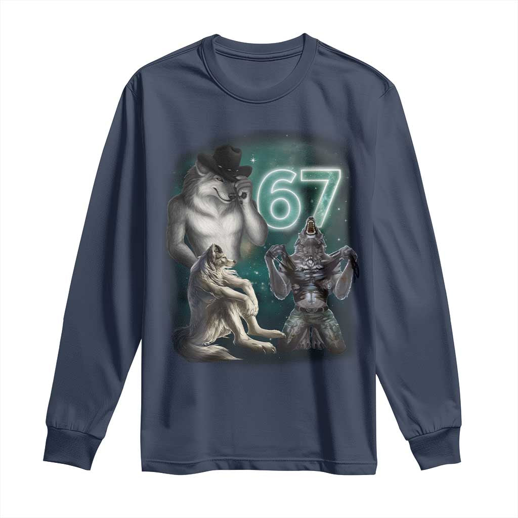 Funny 67 Alpha Wolf Long Sleeve Shirt Cringe Werewolf Howling Six Seven Meme TS11 Navy Print Your Wear