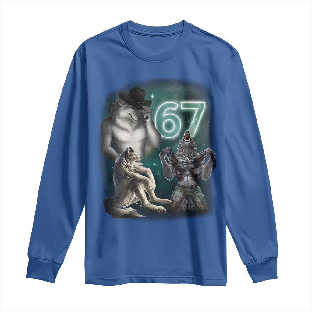 Funny 67 Alpha Wolf Long Sleeve Shirt Cringe Werewolf Howling Six Seven Meme TS11 Royal Blue Print Your Wear