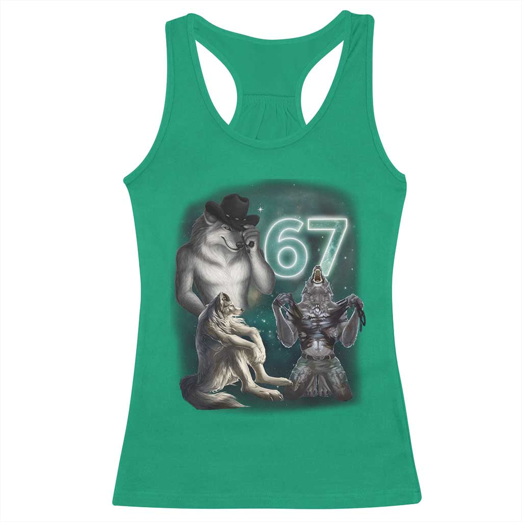 Funny 67 Alpha Wolf Racerback Tank Top Cringe Werewolf Howling Six Seven Meme TS11 Irish Green Print Your Wear