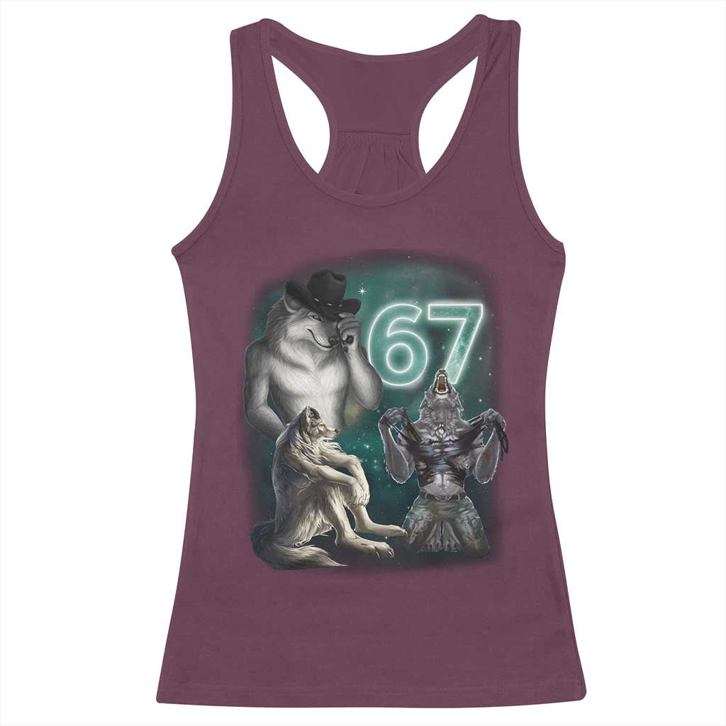 Funny 67 Alpha Wolf Racerback Tank Top Cringe Werewolf Howling Six Seven Meme TS11 Maroon Print Your Wear