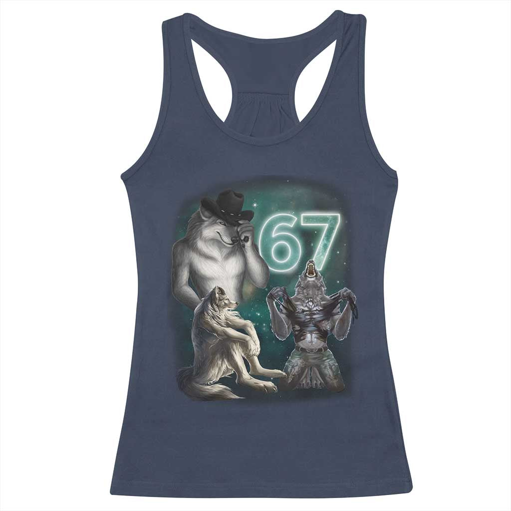 Funny 67 Alpha Wolf Racerback Tank Top Cringe Werewolf Howling Six Seven Meme TS11 Navy Print Your Wear