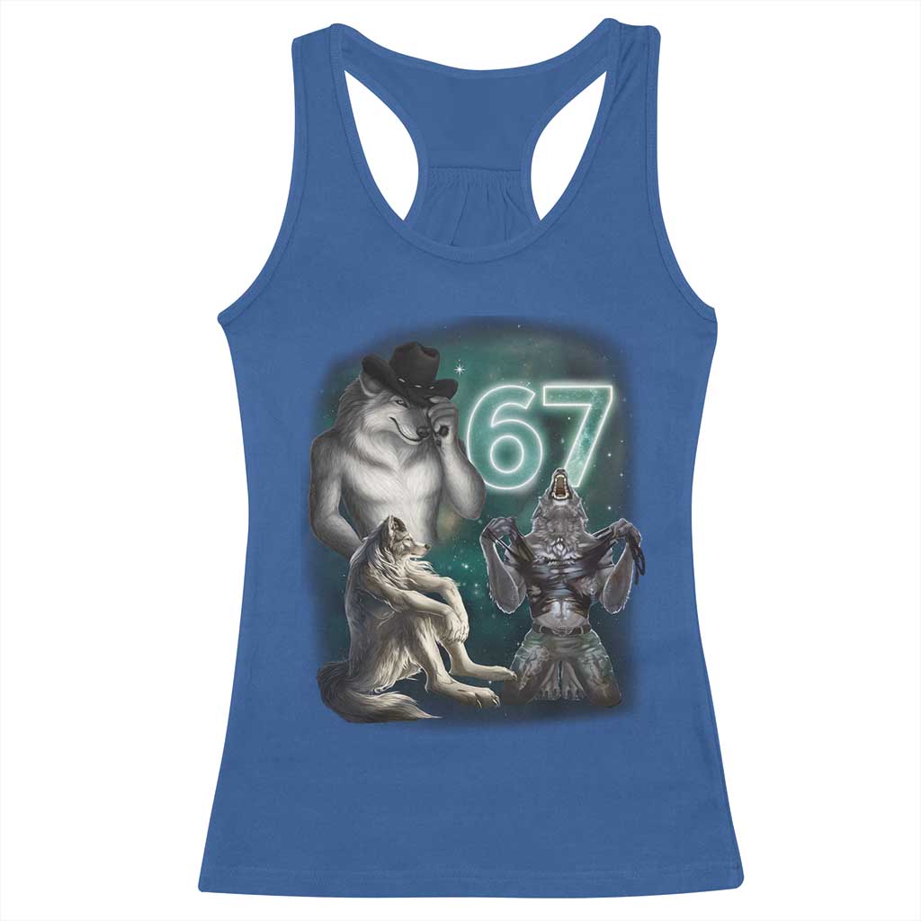 Funny 67 Alpha Wolf Racerback Tank Top Cringe Werewolf Howling Six Seven Meme TS11 Royal Blue Print Your Wear