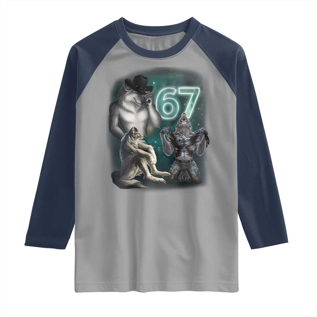Funny 67 Alpha Wolf Raglan Shirt Cringe Werewolf Howling Six Seven Meme TS11 Sport Gray Navy Print Your Wear