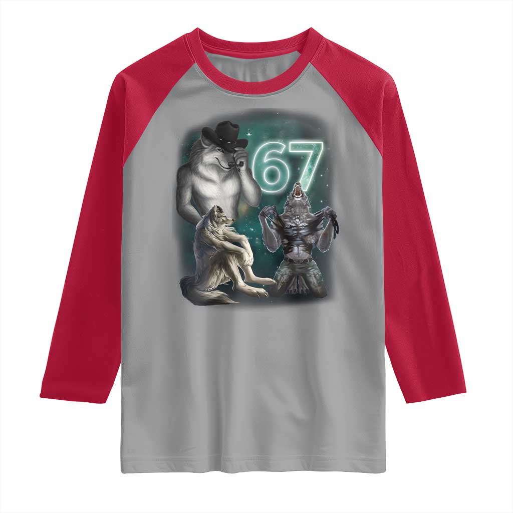 Funny 67 Alpha Wolf Raglan Shirt Cringe Werewolf Howling Six Seven Meme TS11 Sport Gray Red Print Your Wear
