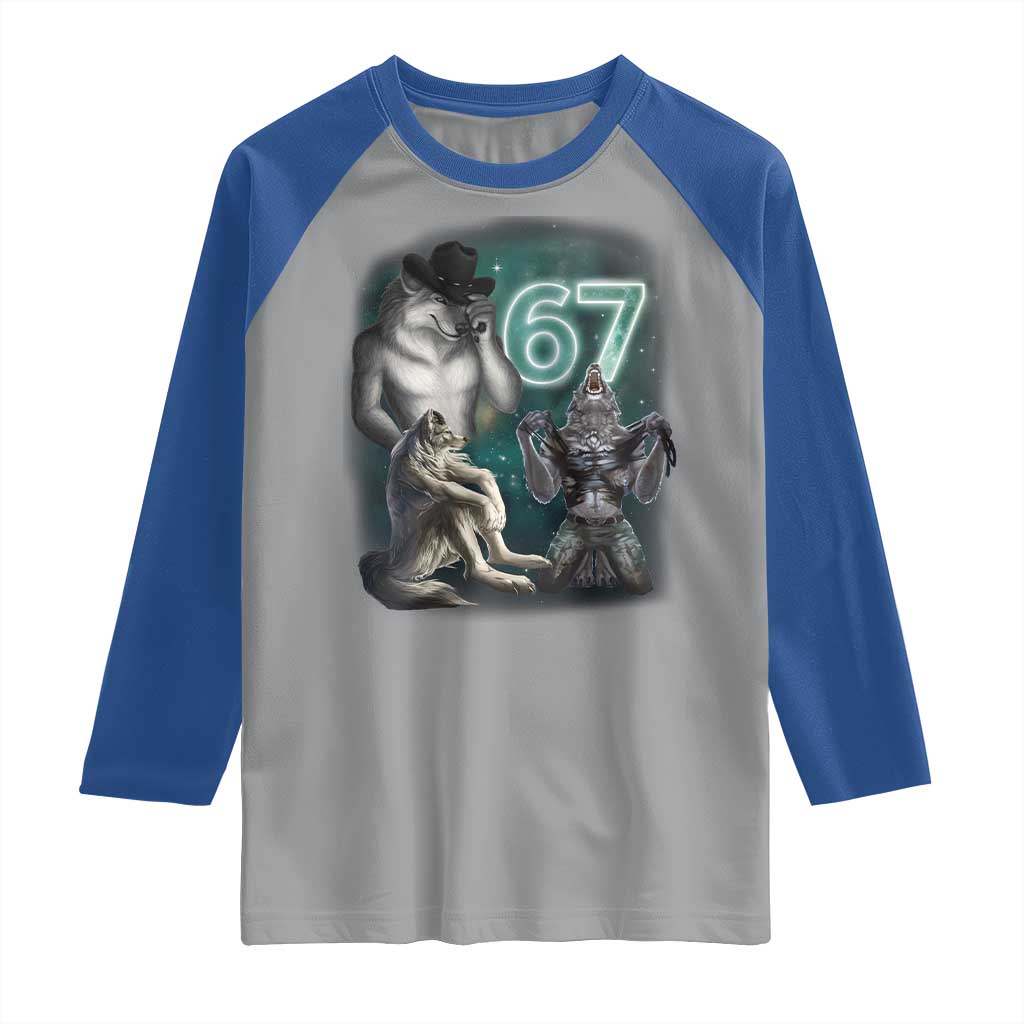 Funny 67 Alpha Wolf Raglan Shirt Cringe Werewolf Howling Six Seven Meme TS11 Sport Gray Royal Print Your Wear