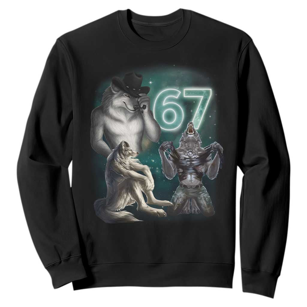 Funny 67 Alpha Wolf Sweatshirt Cringe Werewolf Howling Six Seven Meme TS11 Black Print Your Wear