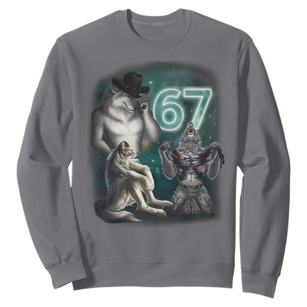 Funny 67 Alpha Wolf Sweatshirt Cringe Werewolf Howling Six Seven Meme TS11 Charcoal Print Your Wear