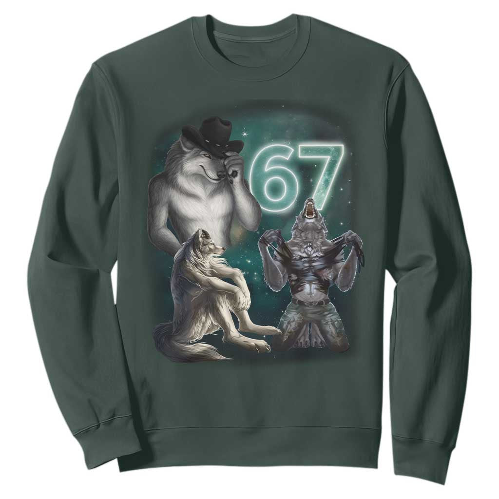 Funny 67 Alpha Wolf Sweatshirt Cringe Werewolf Howling Six Seven Meme TS11 Dark Forest Green Print Your Wear