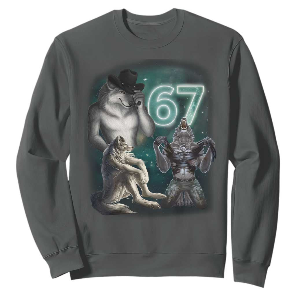 Funny 67 Alpha Wolf Sweatshirt Cringe Werewolf Howling Six Seven Meme TS11 Dark Heather Print Your Wear