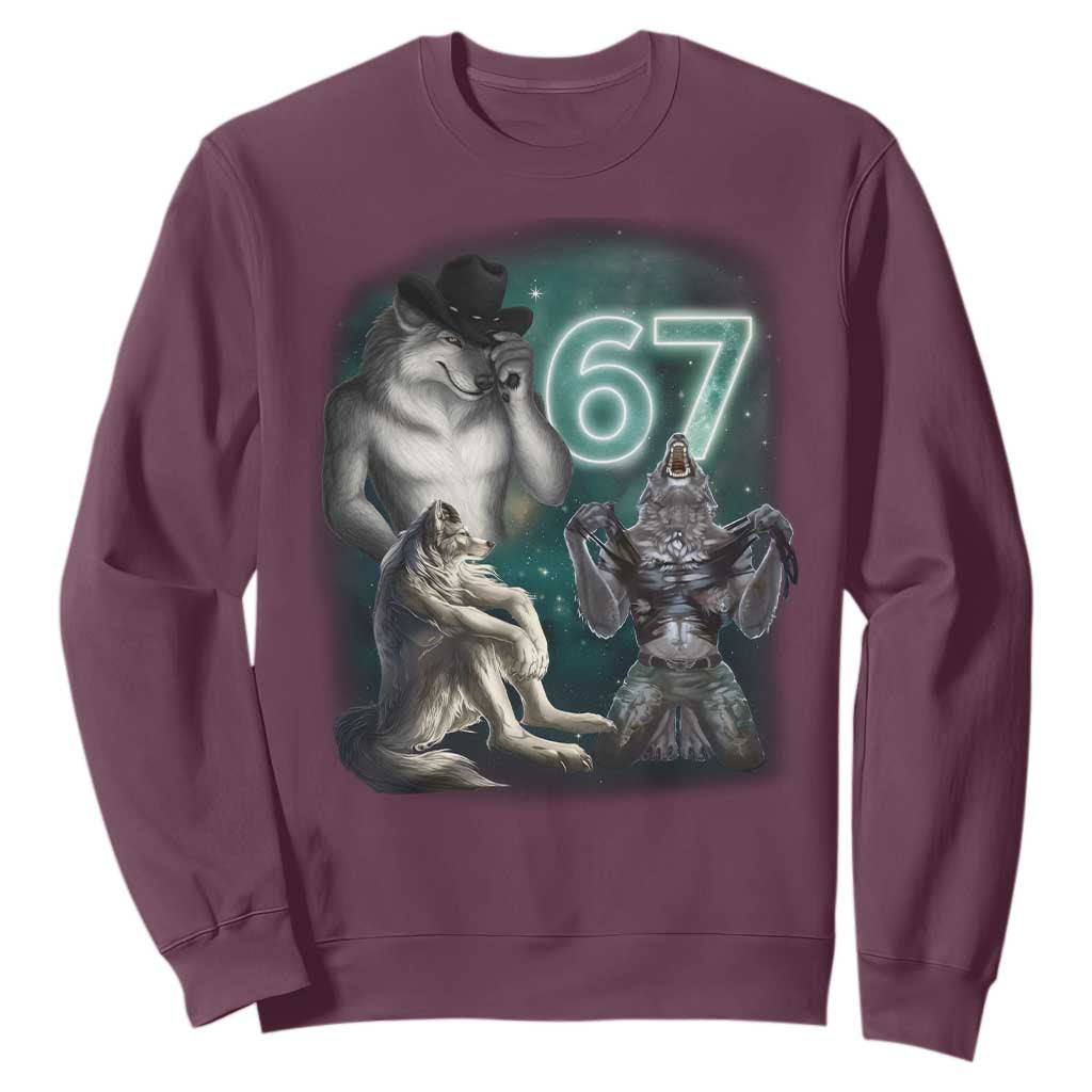 Funny 67 Alpha Wolf Sweatshirt Cringe Werewolf Howling Six Seven Meme TS11 Maroon Print Your Wear