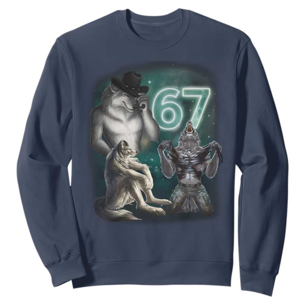 Funny 67 Alpha Wolf Sweatshirt Cringe Werewolf Howling Six Seven Meme TS11 Navy Print Your Wear