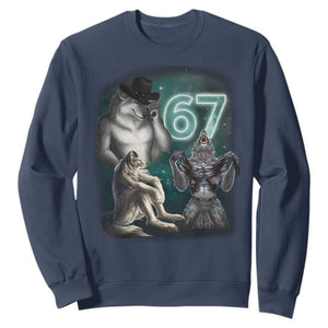 Funny 67 Alpha Wolf Sweatshirt Cringe Werewolf Howling Six Seven Meme TS11 Navy Print Your Wear