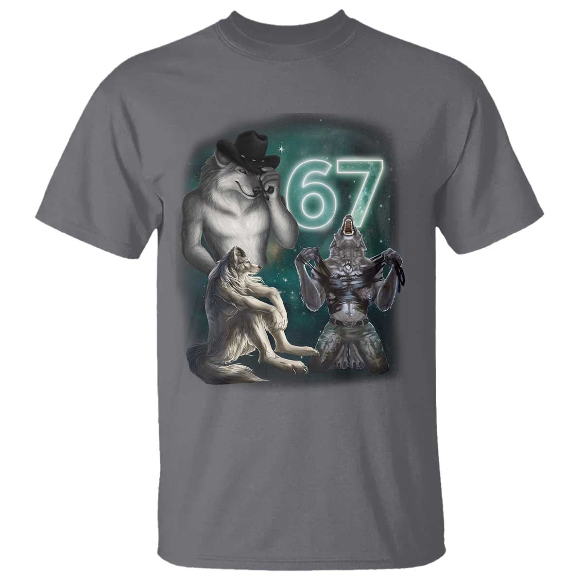 Funny 67 Alpha Wolf T Shirt Cringe Werewolf Howling Six Seven Meme TS11 Charcoal Print Your Wear